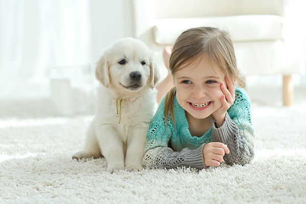Smiling child and puppy laying on carpet