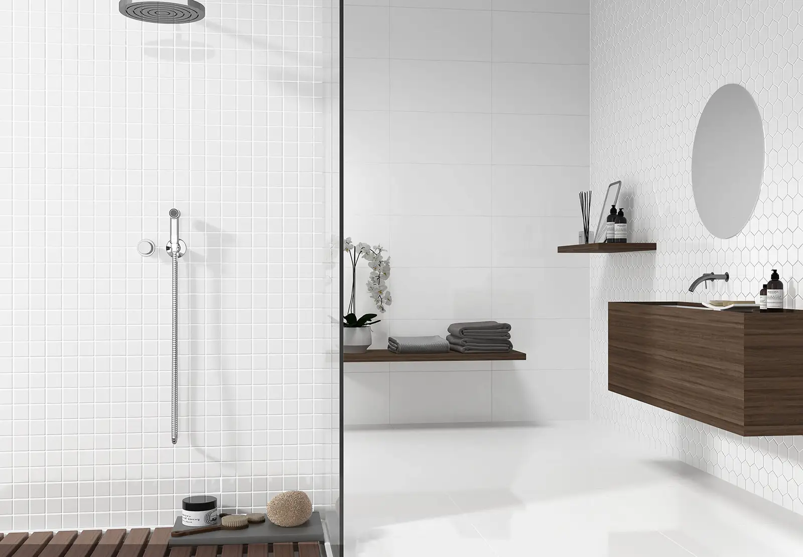 White tile in contemporary bathroom | AJ Rose Carpets