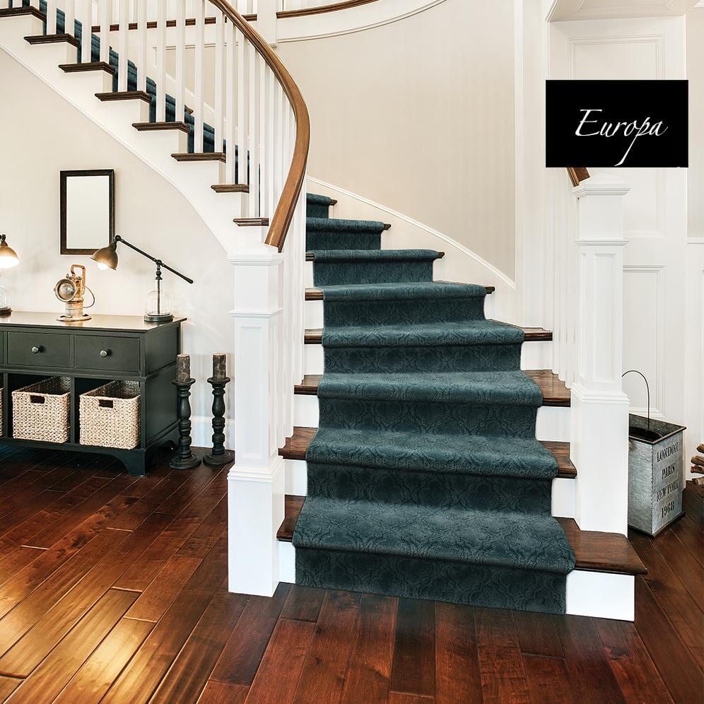 Green stair runner rugs in a living setting by AJ Rose in Needham, MA - Lynnfield, MA - Natick, MA - Burlington, MA.